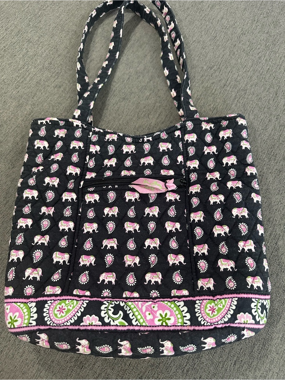 Vera Bradley Rare Black Tote with Pink and White Elephant Pattern - Picture 2 of 9